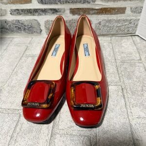 Prada Vernice Red Patent Leather Buckle wedge shoes Sz 40